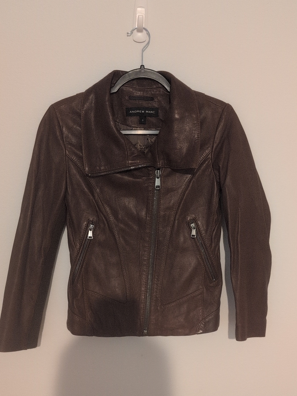 Andrew Marc Womens Brown Leather Asymmetrical Zip Jacket